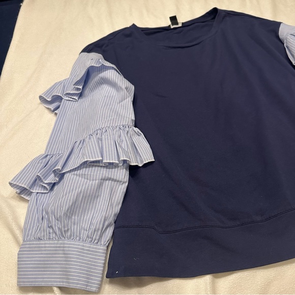 Halogen Dark Blue Sweatshirt with Striped Ruffle Sleeves - Picture 6 of 9